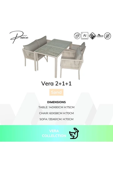 VAVRATTAN Vera 2+1+1 Rattan Bahçe Balkon Yemek Takımı Kum ürün görseli 1