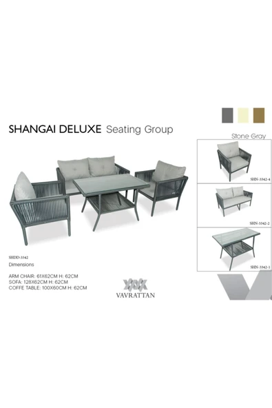 VAVRATTAN Shangai Deluxe Rattan Bahçe Takımı Taş Gri 2+1+1+sehpa ürün görseli 1