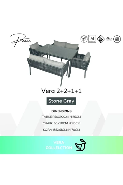 VAVRATTAN Vera 2+2+1+1 Rattan Bahçe Balkon Yemek Takımı Taş Gri ürün görseli 1