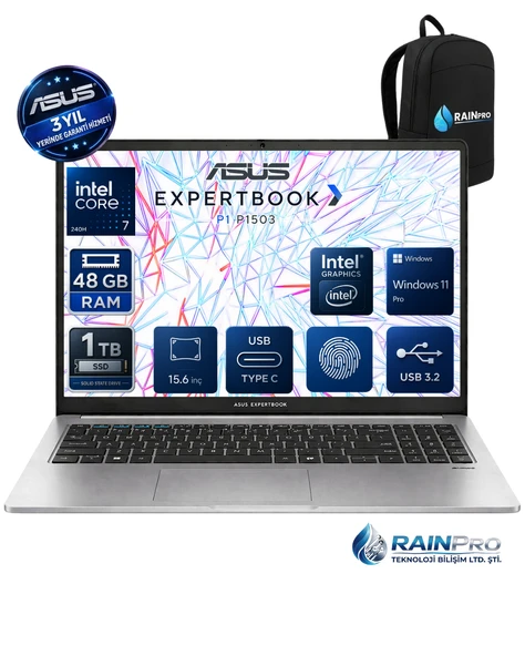 Asus ExpertBook P1503CVA Intel® Core™ 7-240H 48 GB DDR5 1 TB SSD 300NITS 15.6" FHD Windows 11 Pro Taşınabilir Bilgisayar | 3 Yıl Yerinde Garanti C716512G0DRNP22 ürün görseli 1