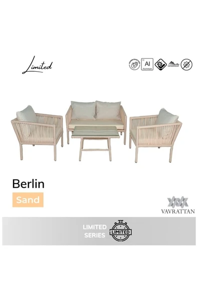 VAVRATTAN Berlin 2+1+1 Rattan Bahçe Balkon Oturma Takımı Kum ürün görseli 1