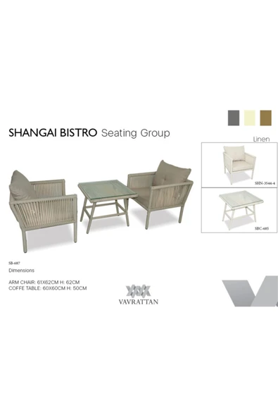 VAVRATTAN Shangai Bistro Rattan Bahçe Balkon Oturma Takımı Keten 1 1 Sehpa ürün görseli 1