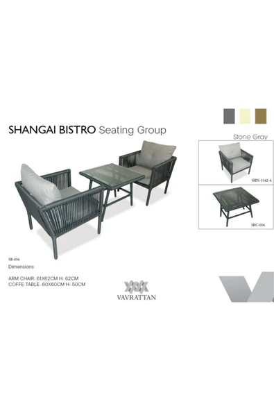 VAVRATTAN Shangai Bistro Rattan Bahçe Balkon Oturma Takımı Taş Gri 1 1 Sehpa ürün görseli 1