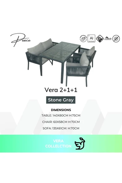 VAVRATTAN Vera 2+1+1 Rattan Bahçe Balkon Yemek Takımı Taş Gri ürün görseli 1