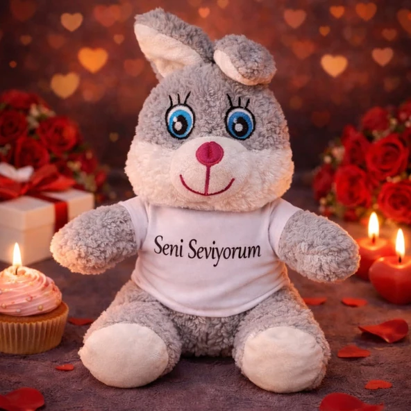 Sevimli Seni Seviyorum Tişörtlü Peluş Tavşan ürün görseli 1