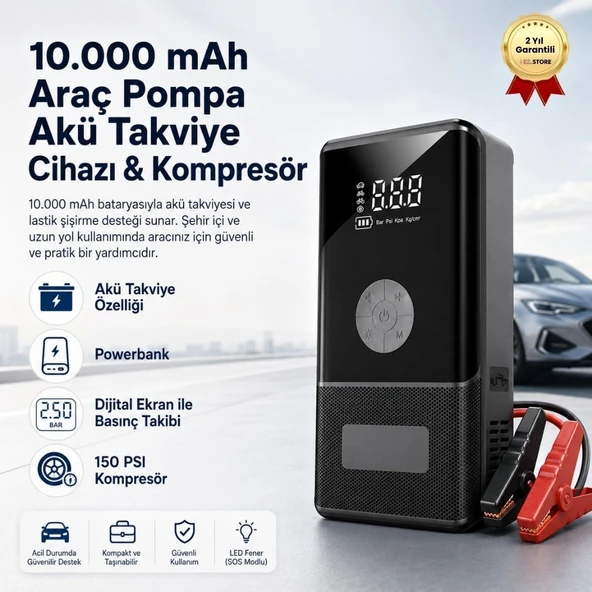 10.000 mAh Araç Pompa Akü Takviye Cihazı & Kompresör 150 PSI Dijital Ekran Jump Starter Powerbank LED Fener ürün görseli 1
