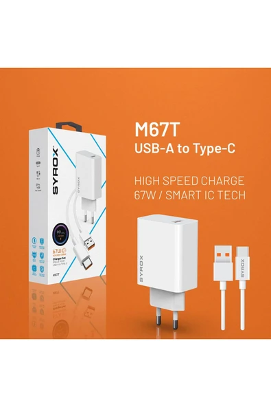 Syrox M67T Single USB-A Port High Speed Charger Adapter & Type-C Cable 67 WATT Mİ TURBO YÜKSEK HIZLI ŞARJ ürün görseli 1