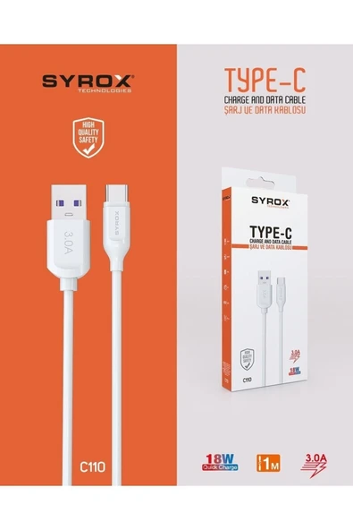 Syrox C110 Type-c Girişli 18w 3.0a Hızlı Şarj Ve Data Kablosu n44 ürün görseli 1
