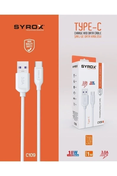 Syrox C109 Type-c Girişli 18w 3.0a Hızlı Şarj Ve Data Kablosu 252 ürün görseli 1