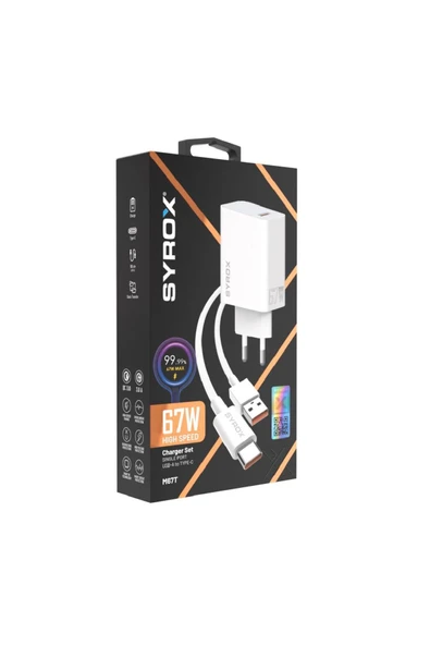 Syrox M67T 3.0A 67W Turbo 1mt USB-A - Type-C Kablolu 1xUSB-A Çıkışlı Şarj Cihazı - Beyaz ürün görseli 1