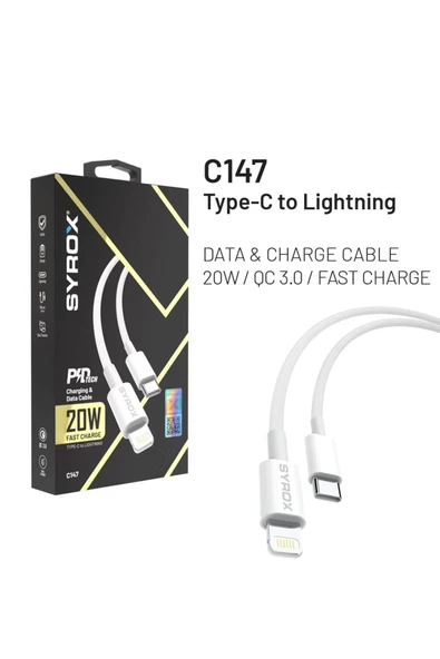 Syrox iPhone SE (2. nesil) uyumlu Type-c to Lightning HIZLI SARJ Kablo 20WATT ürün görseli 1