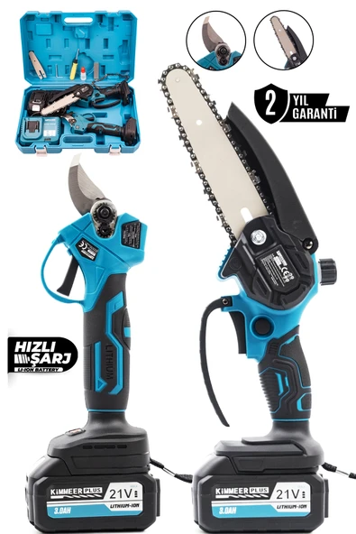 KİMMEER PLUS 21V Çift Akülü Çelik Şanzıman Dal Budama Makası & Testeresi 2 Li Set ürün görseli 1