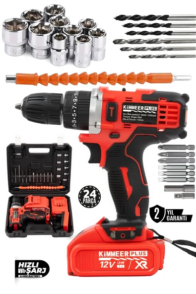 KİMMEER PLUS 12v 1.5 Ah Metal Şanzıman Çift Akülü Şarjlı 24 Parça Akülü darbeli Vidalama Matkap ürün görseli 1