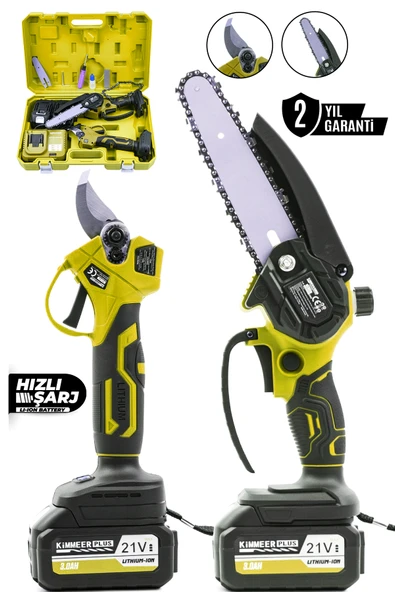 KİMMEER PLUS 21V Çift Akülü Çelik Şanzıman Dal Budama Makası & Testeresi 2 Li Set ürün görseli 1