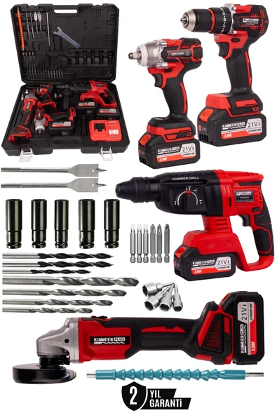 KİMMEER PLUS Profesyonel 21V Akülü Vidalama Matkap Kırıcı Delici Hilti Taşlama Somun Sökme 4'lü Set ürün görseli 1