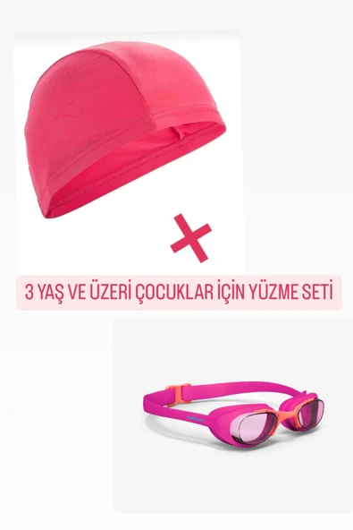 Çocuk Yüzme Seti pembe bez bone+ yüzücü gözlüğü s beden ürün görseli 1