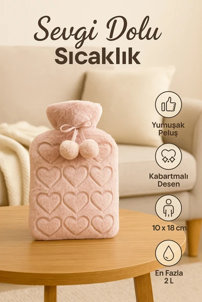 peluş kılıflı sıcak su torbası 2 l - pembe - Resim 2