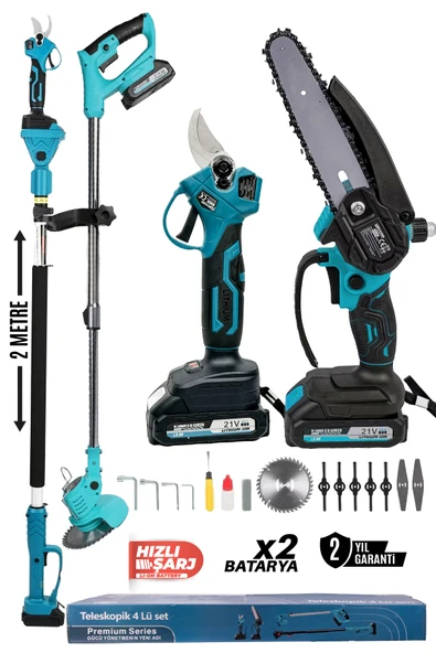 KİMMEER PLUS Profesyonel 4'lü set şarjlı makas testere tırpan ve teleskopik uzatma 30cm ürün görseli 1