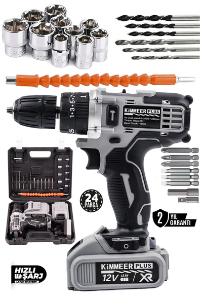KİMMEER PLUS 12v 1.5 Ah Metal Şanzıman Çift Akülü Şarjlı 24 Parça Akülü darbeli Vidalama Matkap ürün görseli 1