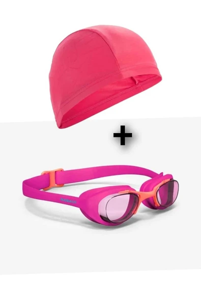 Decathlon Çocuk Yüzücü Seti - Pembe Kumaş Bone + Pembe Turuncu S Beden Gözlük ürün görseli 1