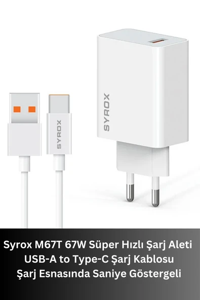 Syrox M67T 67W Süper Hızlı Şarj Aleti – USB-A to Type-C, Şarj Esnasında Saniye Göstergeli ürün görseli 1