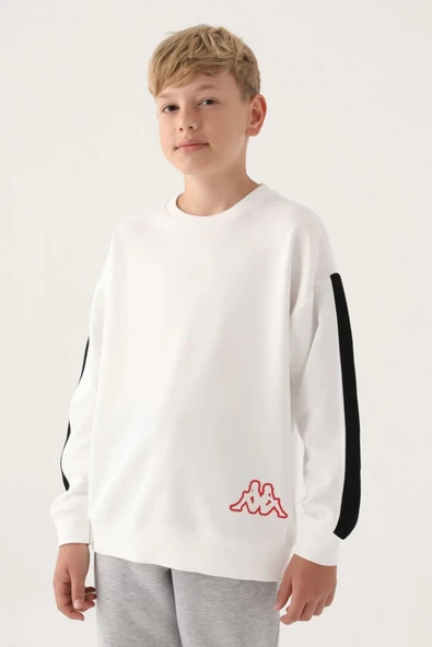 Krem Bisiklet Yaka Kol Detay Erkek Çocuk Sweatshirt ürün görseli 1