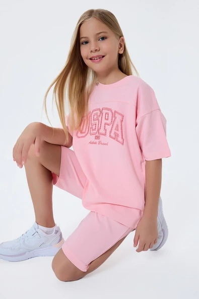 U.S. Polo Assn Kız Çocuk  2 li Şort T-shirt Takım Somon ürün görseli 1