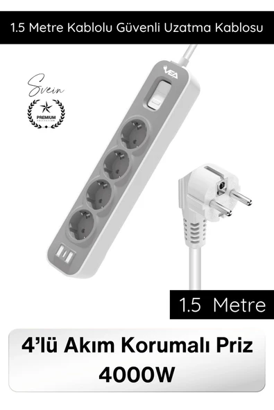 #UzatmaKablo 4’lü Akım Korumalı Priz 4000W 1.5 Metre Kablolu Çoklu Priz Aşırı Gerilim Korumalı 4 Soketli Güvenli Elektri ürün görseli 1