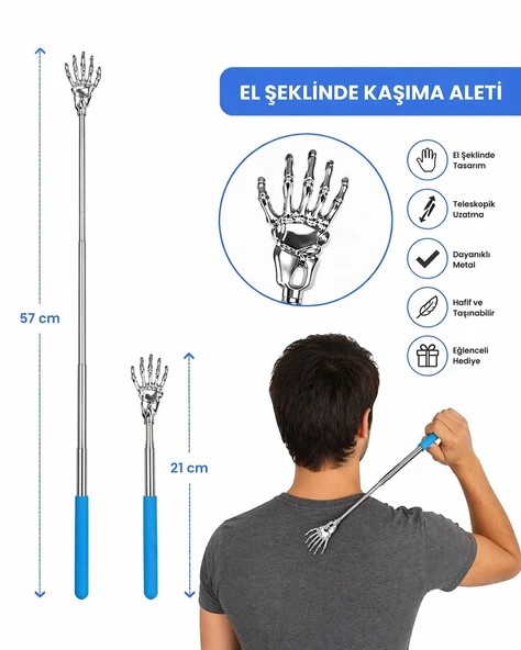 Uzayabilir Sırt Kaşıyıcı Masaj Aleti Teleskopik El Şeklinde Kaşıma Aparatı Taşınabilir Metal Pençe Kaşıyıcı ürün görseli 1
