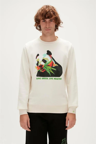 Re-Bamboo Crewneck Marshmallow Beyaz Baskılı Erkek Sweatshirt ürün görseli 1