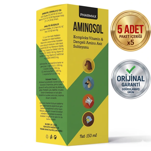 Pharmax Aminosol Kedi, Köpek ve Kuş Vitamini (Aminoasit Solüsyonu) 150 ml 5'li Paket ürün görseli 1