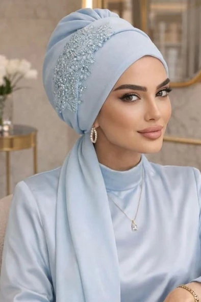 Bebe Mavi Nakışlı Atkılı Abiye Bone - Resim 2