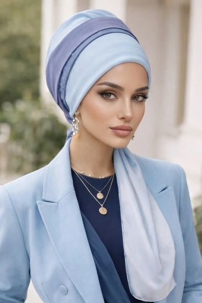 Bebe Mavi Geçişli Hazır Fularlı Bone ürün görseli 1