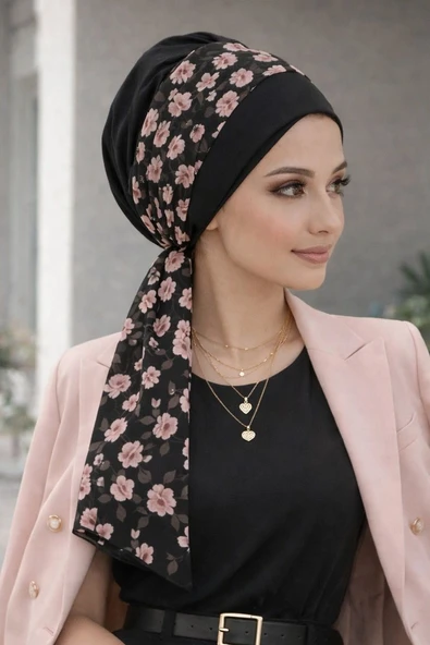 Siyah Pudra Çiçek Desen Fularlı Bone ürün görseli 1
