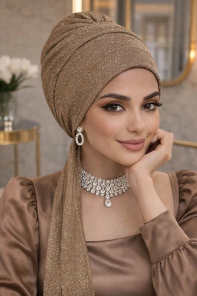 Bej Simli Abiye Atkılı Bone ürün görseli 1