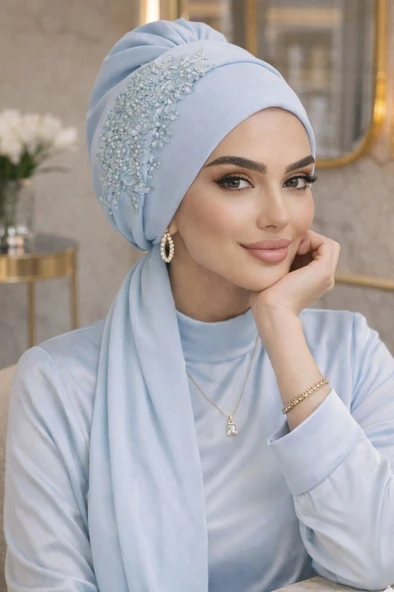 Bebe Mavi Nakışlı Atkılı Abiye Bone ürün görseli 1