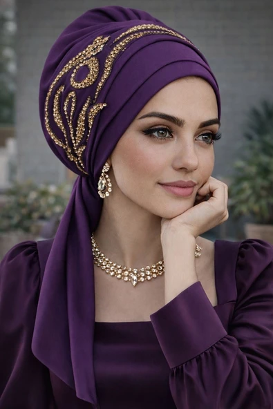 Mürdüm Gold Motifli Atkılı Abiye Bone ürün görseli 1