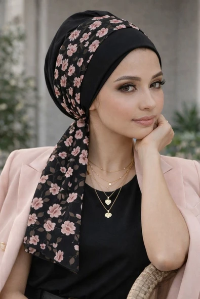 Siyah Pudra Çiçek Desen Fularlı Bone - Resim 2