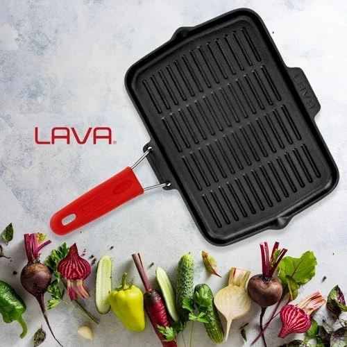 Lava Döküm Dikdörtgen Sığ Izgara Tavası Silikon Tel Saplı Ölçü 21x30cm Kırmızı ürün görseli 1