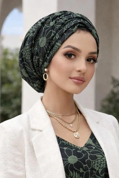 Haki Siyah Desenli Büzgülü Salaş Bone ürün görseli 1