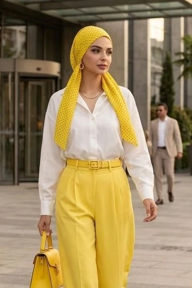 Sarı Siyah Puanlı Kelebek Bone Şal - Resim 2