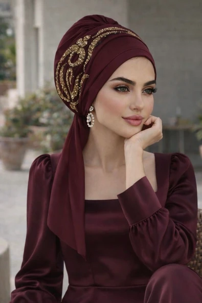 Bordo Gold Motifli Atkılı Abiye Bone ürün görseli 1