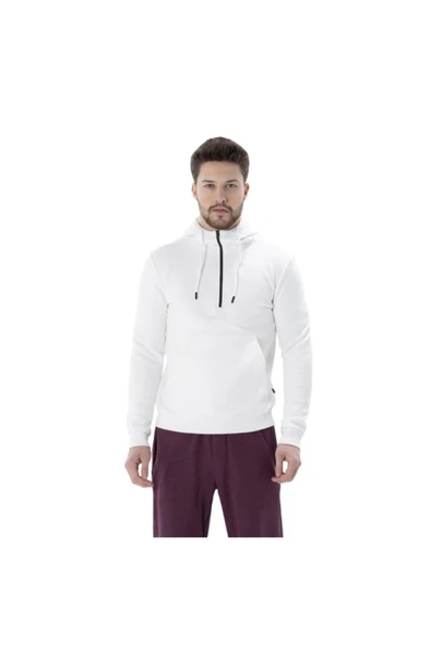 Erkek Beyaz Yarım Fermuar Kapüşonlu Sweatshirt 2012051 ürün görseli 1