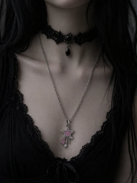 Pembe Yıldız Figürlü Gotik Kolye Metal Zincir Unisex Aksesuar ürün görseli 1