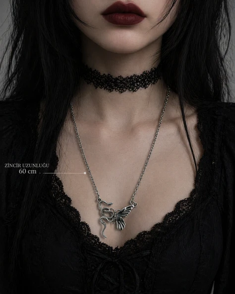 Gotik Yılan Kanat Figürlü Gümüş Renk Unisex Kolye ürün görseli 1