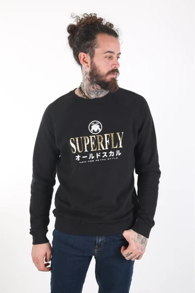 Erkek Sıfır Yaka Standart Kesim Siyah Sweatshirt 23177 ürün görseli 1