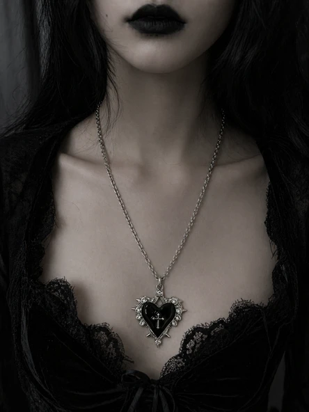 Gotik Siyah Kalp Haç Detaylı Metal Kolye Unisex Zincir ürün görseli 1