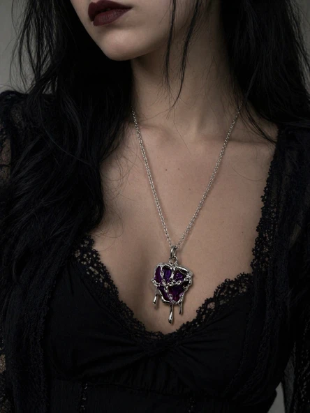 Mor Damla Efektli Gotik Kalp Kolye Gümüş Renk Zincir Unisex ürün görseli 1