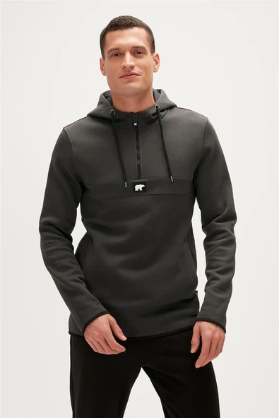 Defence Half-zip Hoodie Koyu Gri Yarım Fermuarlı Kapüşonlu Erkek Sweatshirt ürün görseli 1