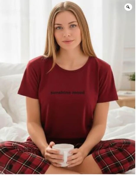 Mihra Kadın Bisiklet Yaka MİLAN Likralı KAPRİ Kısa Kol Pijama Takımı 50108BB - 1 Adet  XL Bordo ürün görseli 1